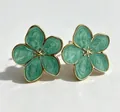 Elegant retro green enamel cherry blossom stud earrings in gold-plated stainless steel - Five-petal Flower Style / Blue