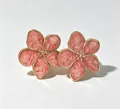 Elegant pink cherry blossom enamel stud earrings in stainless steel gold plating. - Five-petal Flower Style / Red