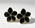 Elegant vintage black enamel flower stud earrings with gold-toned stainless steel finish - Five-petal Flower Style / Black