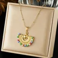 Detail of bohemian fan-shaped necklace with colorful beads on gold chain - Bohemian Fan Shape Colorful Bead (N4515)