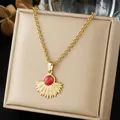 Vintage Bohemian sunburst pendant necklace with red turquoise stone on gold chain - Bohemian Red Turquoise Sun Flower (N4551)