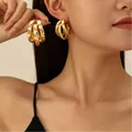 Vintage style matte gold hoop earrings with black polka dots for women's fashion - Triple Ring Overlapping 3D Earrings (A-209)