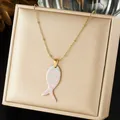 Close-up view of a pink and white striped fish enamel pendant on a delicate gold chain. - Pink Striped Fish Bead Chain Choker (N4532)