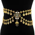 Intricate detail of vintage gold coin waist chain with shell and pearl accents - Gold