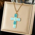 Premium gold-plated stainless steel necklace with blue gradient enamel cross pendant - Blue Gradient Enamel Cross Style (N4522)