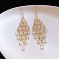 Detailed view of elegant gold chandelier earrings with clear crystal teardrops. - Streaming Flower Tassel (25# Earring Hook-Gold) / Gold