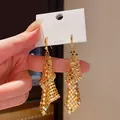 Elegant gold geometric tassel drop earrings with S925 silver posts - Gold Mesh Tassel Geometric Drop Earring (Rhinestone Embellishment) / 38# Silver Needle - Gold