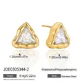 Detailed view of 18k gold plated stainless steel zircon triangle stud earrings. - Triangle Shape (JDE0305344-2) / Gold