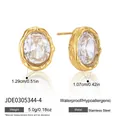 Detailed view of oval CZ stud earrings with dimensions, 18k gold plating, and features. - Oval Shape (JDE0305344-4) / Gold