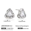 Close-up of irregular stainless steel triangular earrings with clear trillion zircon stones - Triangle Shape (JDE0305344-S-2)