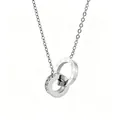Silver stainless steel double ring necklace with Roman numeral engraving and clear zircons - Silver White Rhinestone 402