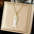 Detailed view of a gold-plated fish pendant necklace with cat's eye stone and turquoise - Marble Pattern Fish Cat Eye Stone Decor (N4516)
