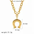 Close-up detail of golden stainless steel horseshoe necklace with weight and size data - Horseshoe U-Shape Necklace (TN3831) / Gold