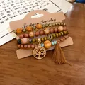 Detailed view of bohemian style beaded bracelet set with tree of life charm and tassel - 10# Bracelet / Four-Piece Set / Brown