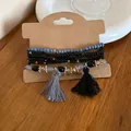 Close-up of bohemian beaded bracelet set with grey and black tassels - 21# Bracelet / 6-Piece Set / Black
