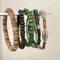 Vintage bohemian style stacked beaded bracelets with wooden turquoise and silver accents - 1# Bracelet / 6-Piece Set / Green-Coffee
