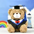 Adorable brown graduation teddy bear plush toy wearing a black doctoral cap and gown souvenir - 25 cm Height / Dark Brown (Blue Collar)