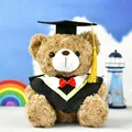Adorable brown plush graduation teddy bear wearing a black mortarboard and academic gown - 25 cm Height / Dark Brown (Yellow Collar)