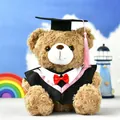 Graduation teddy bear plush in a bachelor gown with pink tassel and red bow tie - 25 cm Height / Dark Brown (Pink Collar)