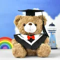 Cute brown teddy bear plush wearing a black graduation gown and cap with a red bowtie - Dark Brown (White Collar)