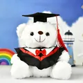 Soft white graduation teddy bear plush toy wearing a black and red gown with mortarboard - White (Red Collar)
