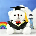 White graduation teddy bear plush toy wearing academic regalia and black mortarboard - White (Yellow Collar)