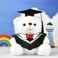 White graduation teddy bear plush toy wearing a black bachelor gown and mortarboard cap - White (Gray Collar)