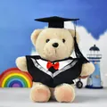 Plush graduation teddy bear wearing a black academic gown and a mortarboard cap - Beige (Gray Collar)