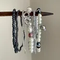 Beaded bracelet set with pearls and heart charms in a silver-tone finish - Heart Flower Beaded Style (61#手链) / 6-Piece Set / White-Black-Gray