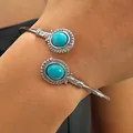 Vintage silver open cuff bracelet featuring two turquoise stones and intricate ethnic design - Round Inlay Style (DZ-394) / Antique Silver (DZ-394)