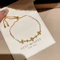Elegantes goldenes Kleeblatt-Armband mit grünen und klaren Zirkonen, verstellbarer Verschluss - Vierblättriges Kleeblatt Grüner Zirkonia-Stil (47#)