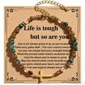 Detailed view of 4mm African turquoise and crystal bracelet with cross on gift card - Life Is Tough Style / Multicolor (Life Is Tough)