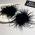 Exquisite fluffy black feather flower stud earrings with S925 silver needles for women - Silver Earring Post-Black