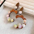 Vintage ethnic C-shaped wooden earrings featuring colorful resin flowers and imitation pearls - Embossed Flower Wooden Style (11#)