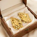 Irregular hammered gold stud earrings in a wooden vintage gift box - Triangle Pleated / Gold