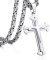 Men's silver stainless steel three-layer cross pendant necklace with byzantine chain - Split Silver with King Chain