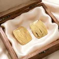 Elegant gold rectangular stainless steel earrings with vertical rippled texture for women - Square Vertical Striped
