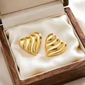 Vintage style gold-plated stainless steel ribbed heart stud earrings in a wooden gift box - Diagonal Stripe Hearts