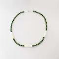 Handmade green and black seed bead necklace featuring three irregular baroque freshwater pearls - Necklace 16 (38+5cm)
