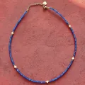 Hand-strung blue natural stone choker necklace with elegant white freshwater pearl accents. - Necklace 21 (38+5cm)