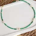 Close-up of handmade green natural stone and freshwater pearl beaded clavicle necklace - Necklace 23 (38+5cm)
