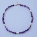 Detailed view of handmade necklace featuring purple natural stones and white freshwater pearls - Necklace 30 (38+5cm)