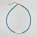 Handmade blue natural stone beaded necklace with three white freshwater pearls - Necklace 14 (38+5cm)