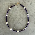 Elegant handmade purple beaded choker necklace featuring genuine freshwater pearls and gold clasp - Necklace 17 (38+5cm)