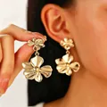 Statement retro gold double layer flower petal dangle earrings with elegant matte finish - Double Layer Staggered Petal (N-1012)