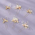Elegant 6-piece bridal hair pin set featuring white pearls and gold leaves on purple - Daily Commute Hair Sticks, 6-Pack HS-J6973G