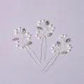 Silver bridal hair pin set with faux pearls and metal leaf decorations - Exquisite Commute Hair Sticks, 3-Pack HS-J6280S