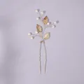 Elegant bridal hair pin featuring golden metallic leaves and white faux pearls for wedding - Elegant Luxury Hair Stick, 1-Pack, Rose Gold HS-J6189