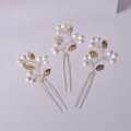 Elegant set of 3 golden bridal hairpins featuring white pearls and leaf designs for weddings - Date and Trip Hair Sticks, 3-Pack HS-J6280G