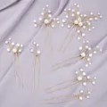 Elegant bridal pearl hair pin set with golden wire on purple silk background. - Vintage French Hair Sticks, 7-Pack HS-J7351G